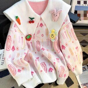 {NEW} Kawaii Jacquard Sweater - Contrast Color Collar Acrylic Knit Pullover L